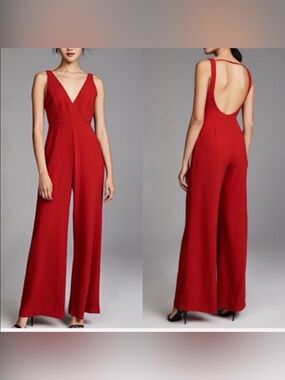 Women's Red V-Neck Wide-Leg Backless Jumpsuit